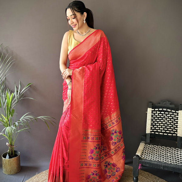 Joban Fashion Red Jacquard Butti Soft Lichi Silk Paithani Saree - Distacart