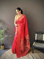 Thumbnail for Joban Fashion Red Jacquard Butti Soft Lichi Silk Paithani Saree - Distacart