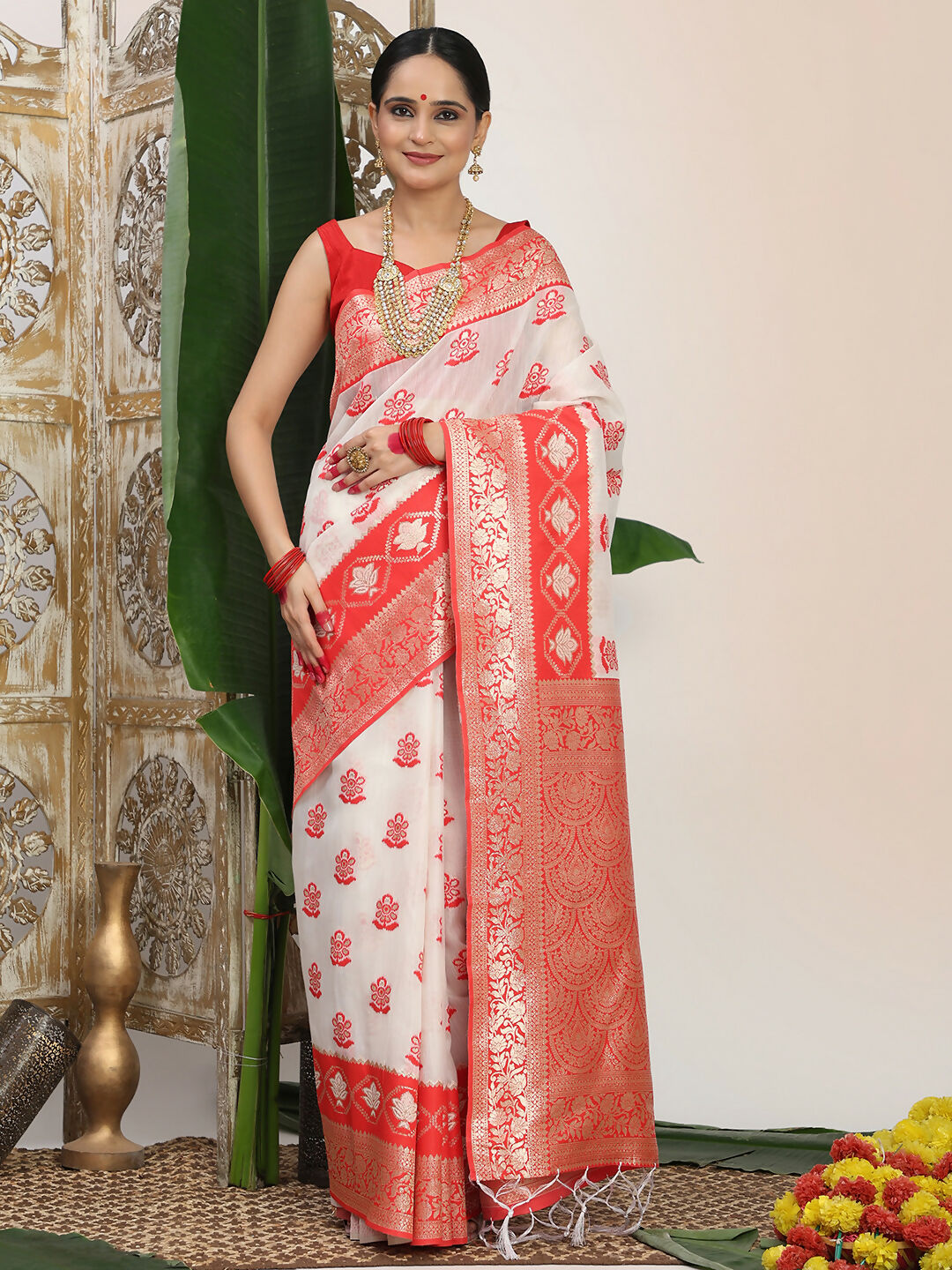 Astita Linen Cotton Red & White Saree