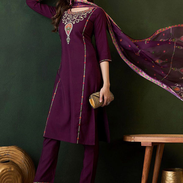 Sangria Embroidered Zari Sequence Kurta With Trousers & Dupatta Set - Distacart