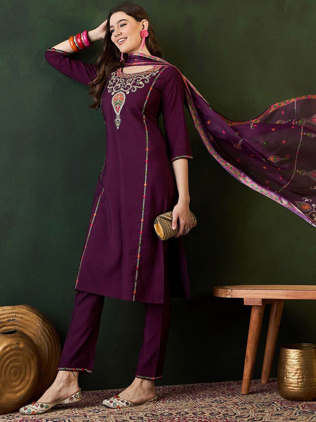 Sangria Embroidered Zari Sequence Kurta With Trousers & Dupatta Set - Distacart