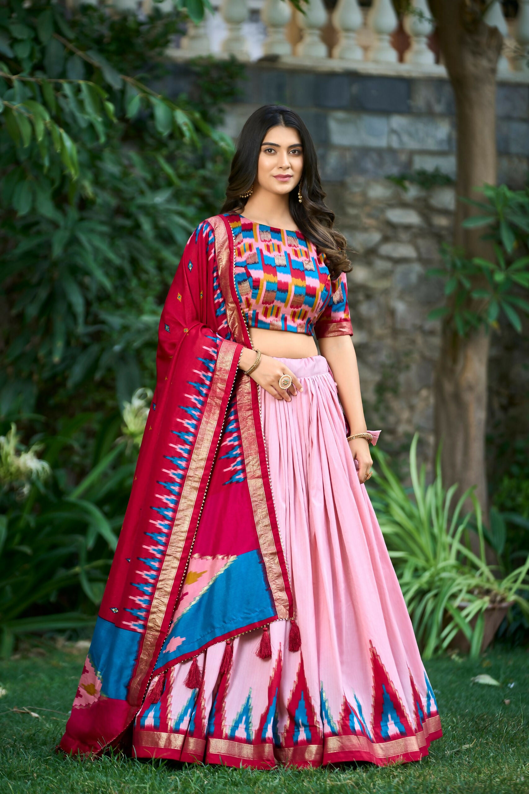 Vastranavya Luxurious Tussar Silk Print With Foil Work Lehenga Choli - Peach - Distacart