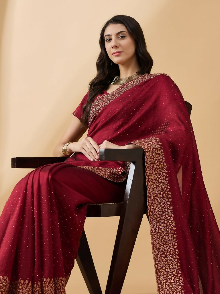 Maroon Silk Blend Embroidered Saree with Unstitched Blouse - Vairagi - Distacart