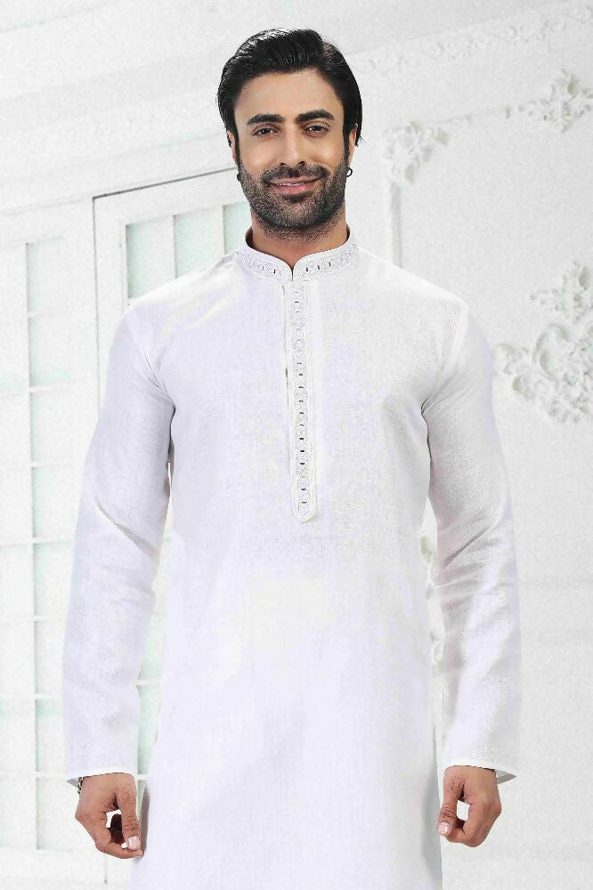 Raivat Ethnic Linen Cotton Thread Work Kurta Pajama In Off White Colour - Dista