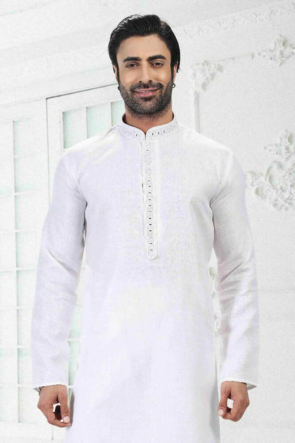 Raivat Ethnic Linen Cotton Thread Work Kurta Pajama In Off White Colour - Dista