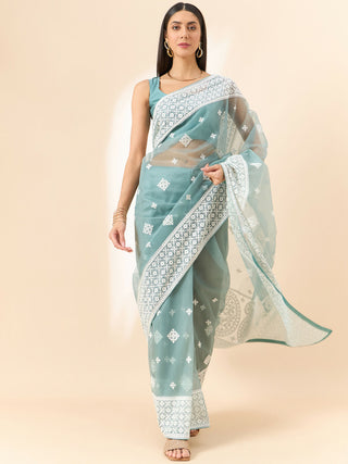 Blue Organza Geometric Embroidered Saree with Unstitched Blouse Piece - Roozal - Distacart