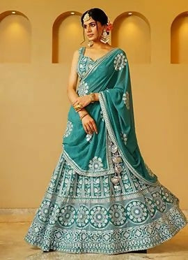 Lehenga Mart Dusty Green Faux Georgette Designer Bollywood Style Wedding Wear Lehenga Choli - Dista