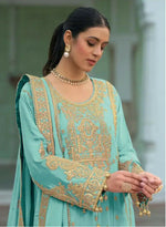 Thumbnail for Anaita Sky-Blue Heavy Chinon Readymade Palazzo Suit with Heavy Embroidery Work - Distacart