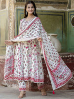 Thumbnail for Anouk White Floral Printed Thread Work Pure Cotton Anarkali Kurta With Trouser & Dupatta