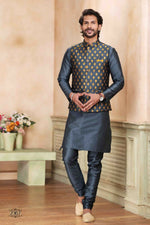 Thumbnail for Raivat Ethnic Jacquard Banarasi Silk Woven Work 3 Pics Jacket Set In Dark Grey Colour - Distacart