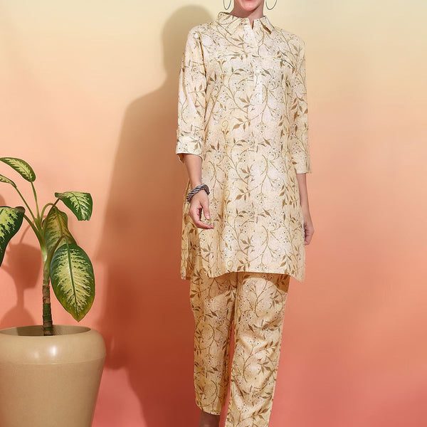 Ode by House of Pataudi Women Printed Regular Linen Kurta with Trousers - Distacart