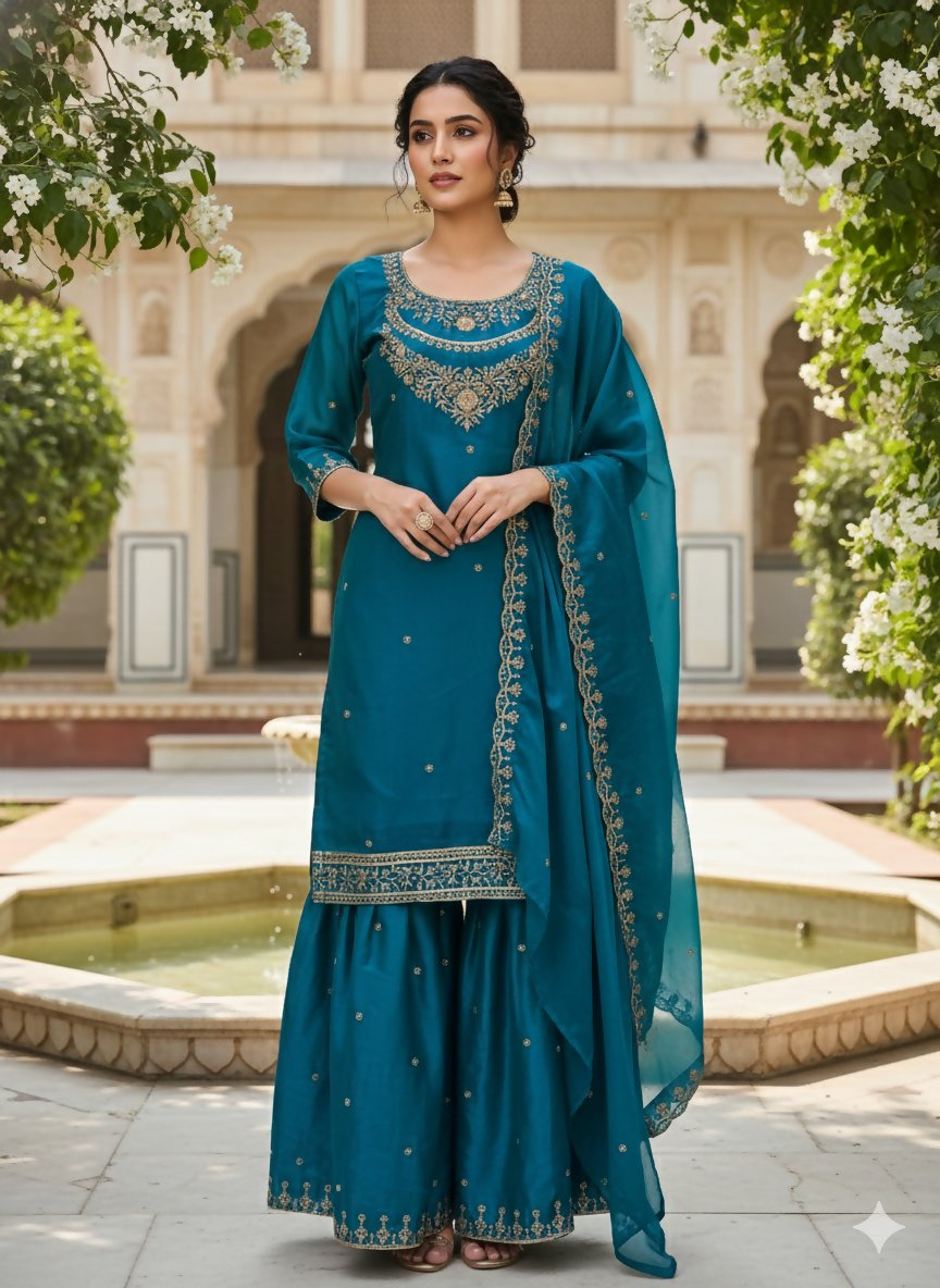 Teeya Creation Teal Color Fendy Satin Silk Heavy Embroidery Work Sharara Suit - Distacart