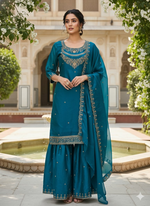Thumbnail for Teeya Creation Teal Color Fendy Satin Silk Heavy Embroidery Work Sharara Suit - Distacart