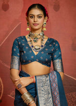 Thumbnail for Joban Fashion Teal Blue Art Silk With Fine Viscose Border Ajrak Full Body Print With Soft Finish Saree