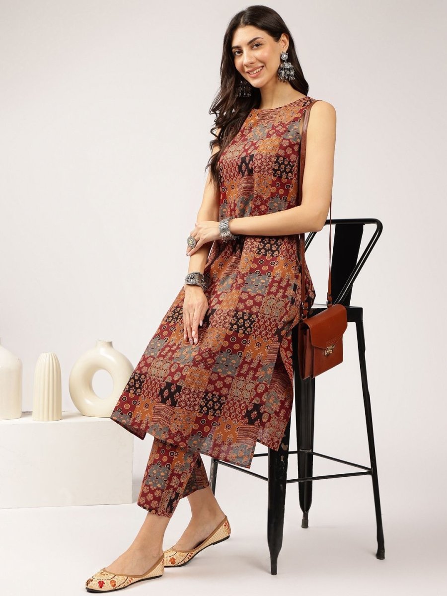 Anouk Ethnic Floral Printed Round Neck Sleeveless Side Slits Kurta with Trouser - Distacart