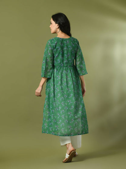 Myshka Women's Green Printed Georgette A-Line Nyra-cut Kurta - Distacart