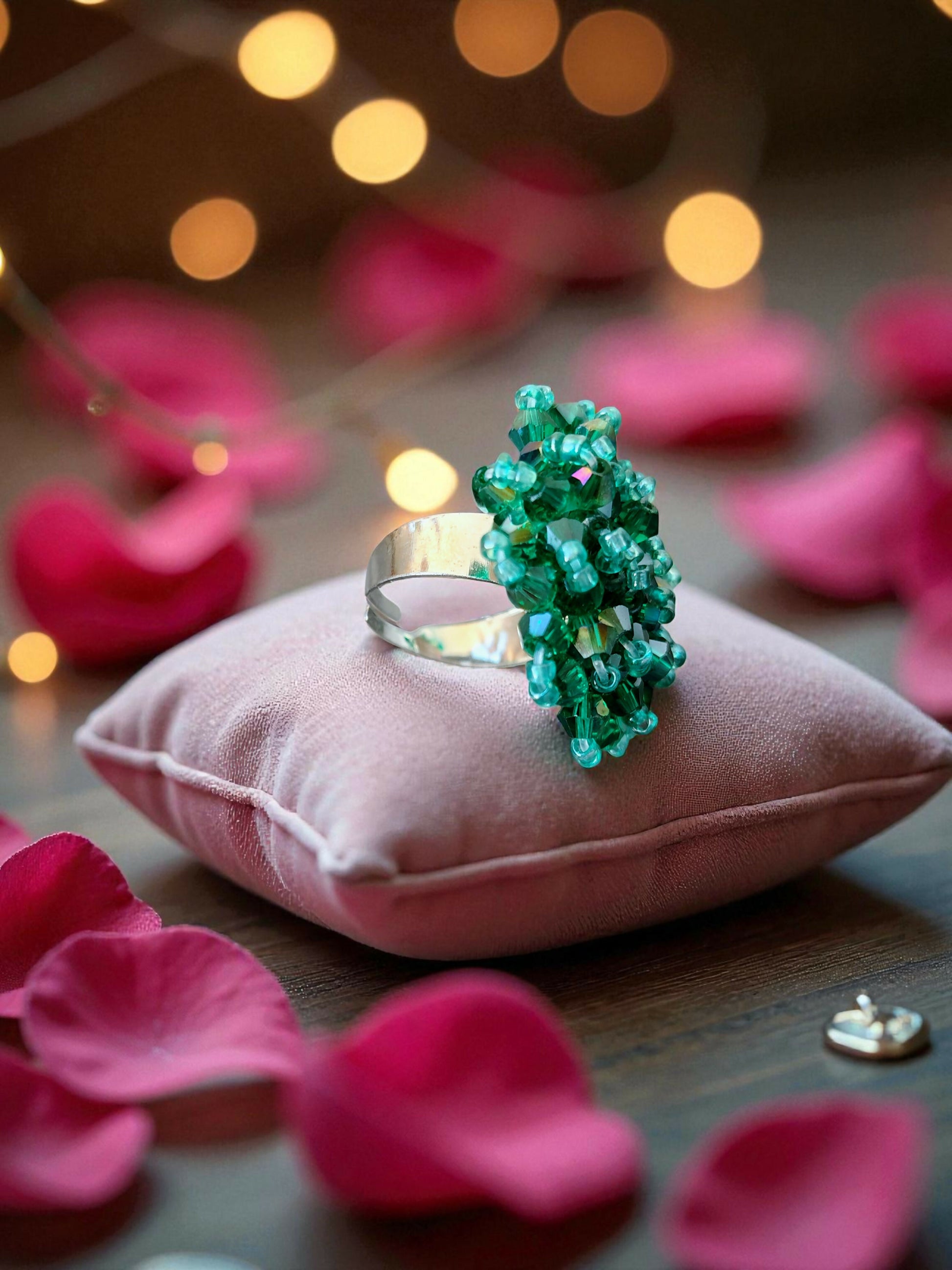 Inhanns Rang-E-Roshan Adjustable Ring – Handmade Crystal Statement Ring - Sea Green - Distacart