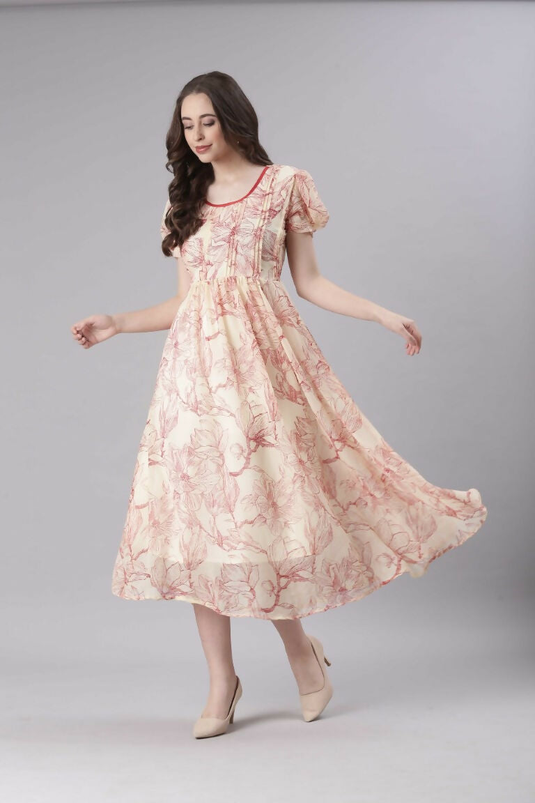 Souchii Cream & Red Floral Printed Fit & Flare Dress