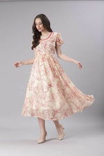 Thumbnail for Souchii Cream & Red Floral Printed Fit & Flare Dress