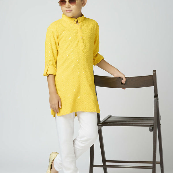 Joban Fashion Kids Island Full Sleeves Cotton Kurta and Pyjama Set with Sequin work - Yellow - Distacart