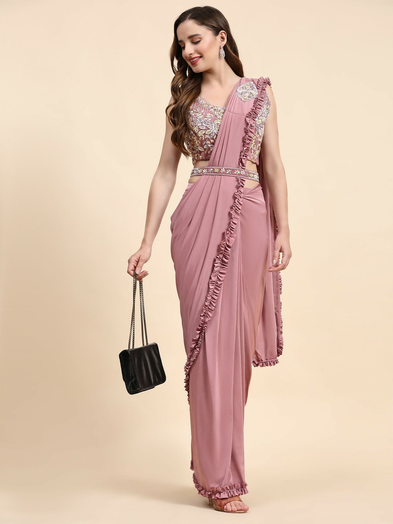 Pink Lycra Solid Ready to wear Saree with stitched Blouse - Vanita - Distacart
