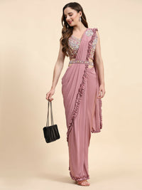 Thumbnail for Pink Lycra Solid Ready to wear Saree with stitched Blouse - Vanita - Distacart