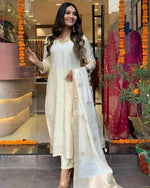 Thumbnail for The52 White Beautiful Embroidered Viscose Chanderi Fabric Straight Kurta Pant with Dupatta Set - Distacart