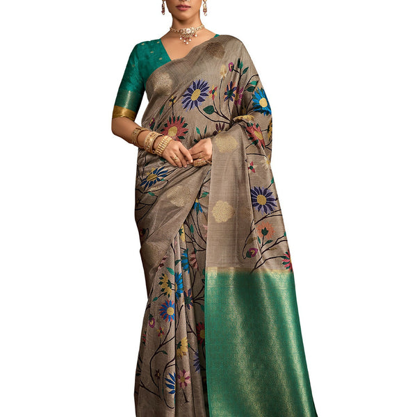 Joban Fashion Greensoft Silk Weaving Fabric With Digital Jamdani Print With Jacquard Rich Pallu & Blouse With Spring Tassels