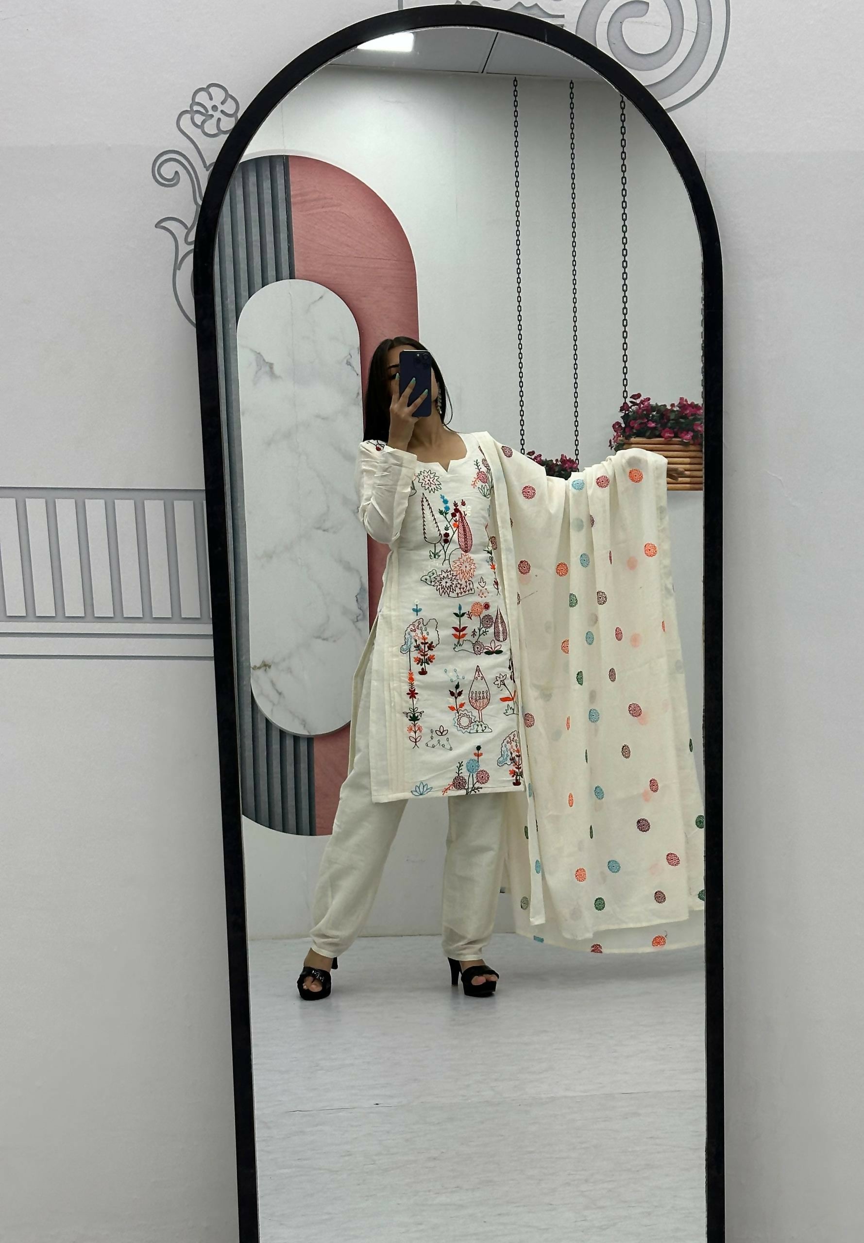 Teeya Creation Womens New Khadi Cotton Heavy Embroidery Thread Work Cream Kurta Set - Dista