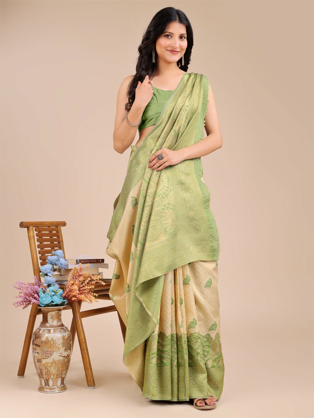 Astita Banarasi Silk Cream & Light Green Saree