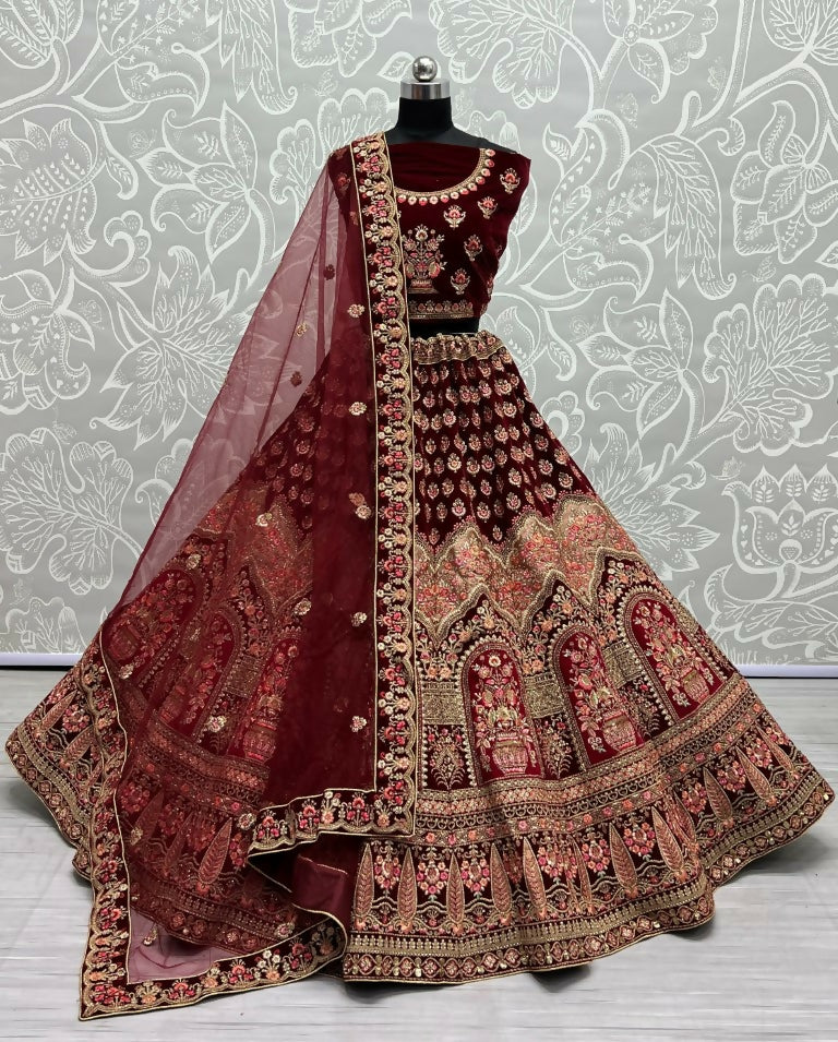 Jyoti Fashion Women's Maroon Velvet Multi Thread Embroidered with Zircon Diamond Wedding Lehenga Choli - Distacart