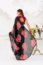 Thumbnail for Vastranavya Black Floral Print with Lace Border work Chiffon Saree & Unstitched Blouse - Distacart