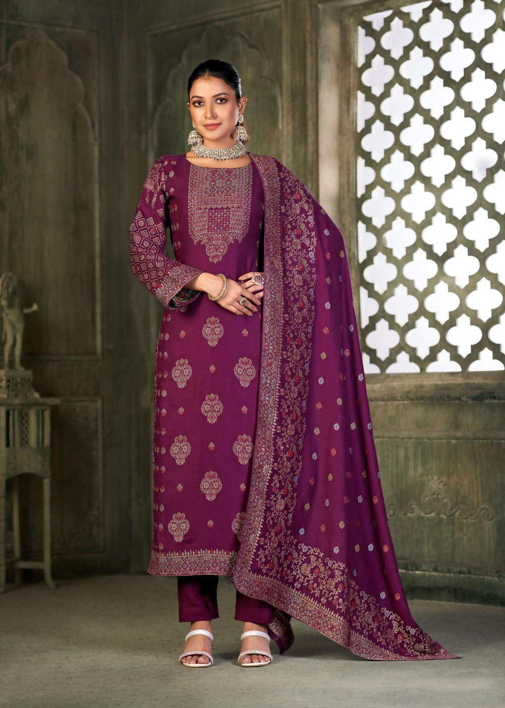 Purple Viscose Pasmina Mina Work Kurta & Bottom with Dupatta - Paridhi - Distacart