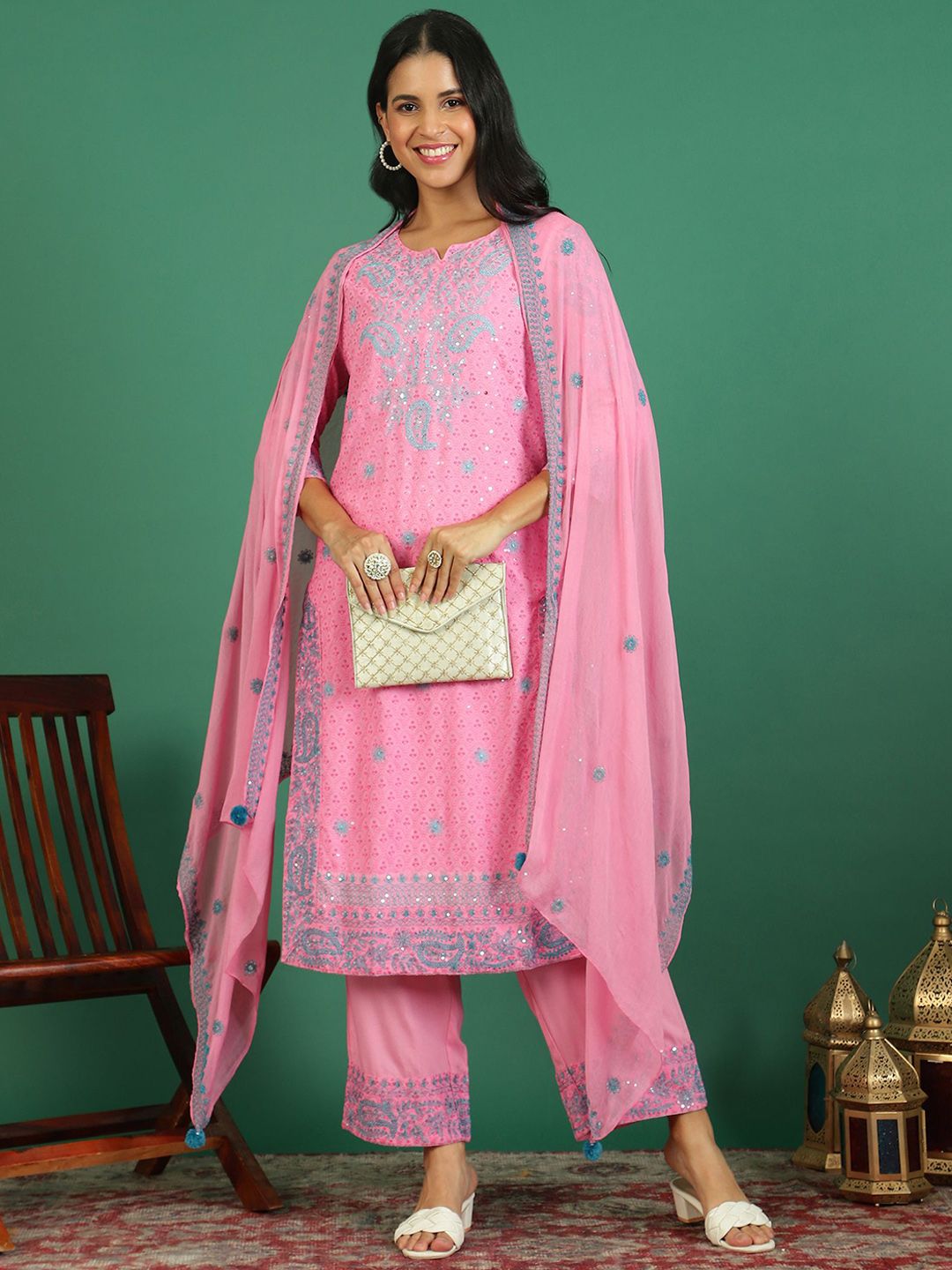 Sangria Embroidered Kurta & Trouser With Dupatta - Distacart