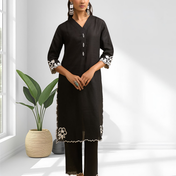Joban Fashion Black Linen Embroidered Readymade Long Kurta With Pant - Distacart