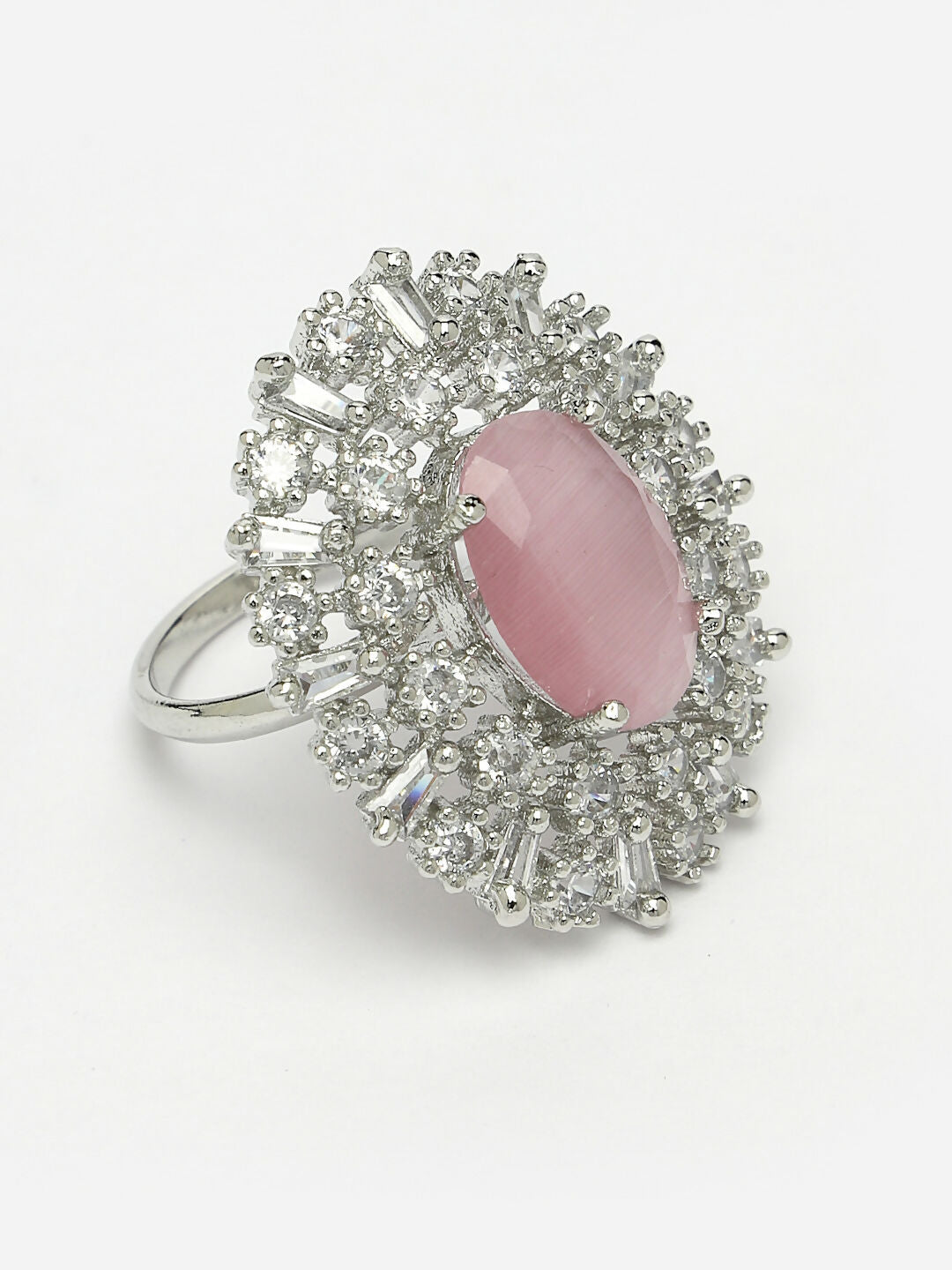 NVR Women's Pink & Silver CZ-Studded Handcrafted Adjustable Finger Ring - Distacart