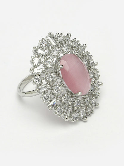 NVR Women's Pink & Silver CZ-Studded Handcrafted Adjustable Finger Ring - Distacart
