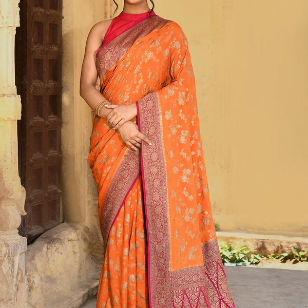 Joban Fashion Orange Crepe Chiffon Pure Handloom Banarasi Silk Saree - Dista