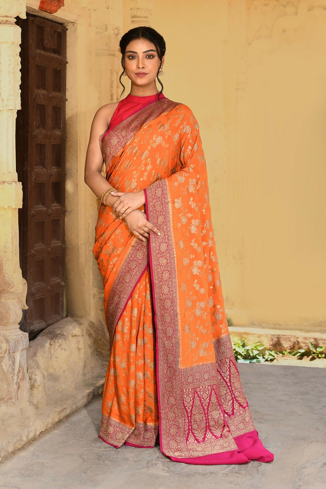 Joban Fashion Orange Crepe Chiffon Pure Handloom Banarasi Silk Saree - Dista