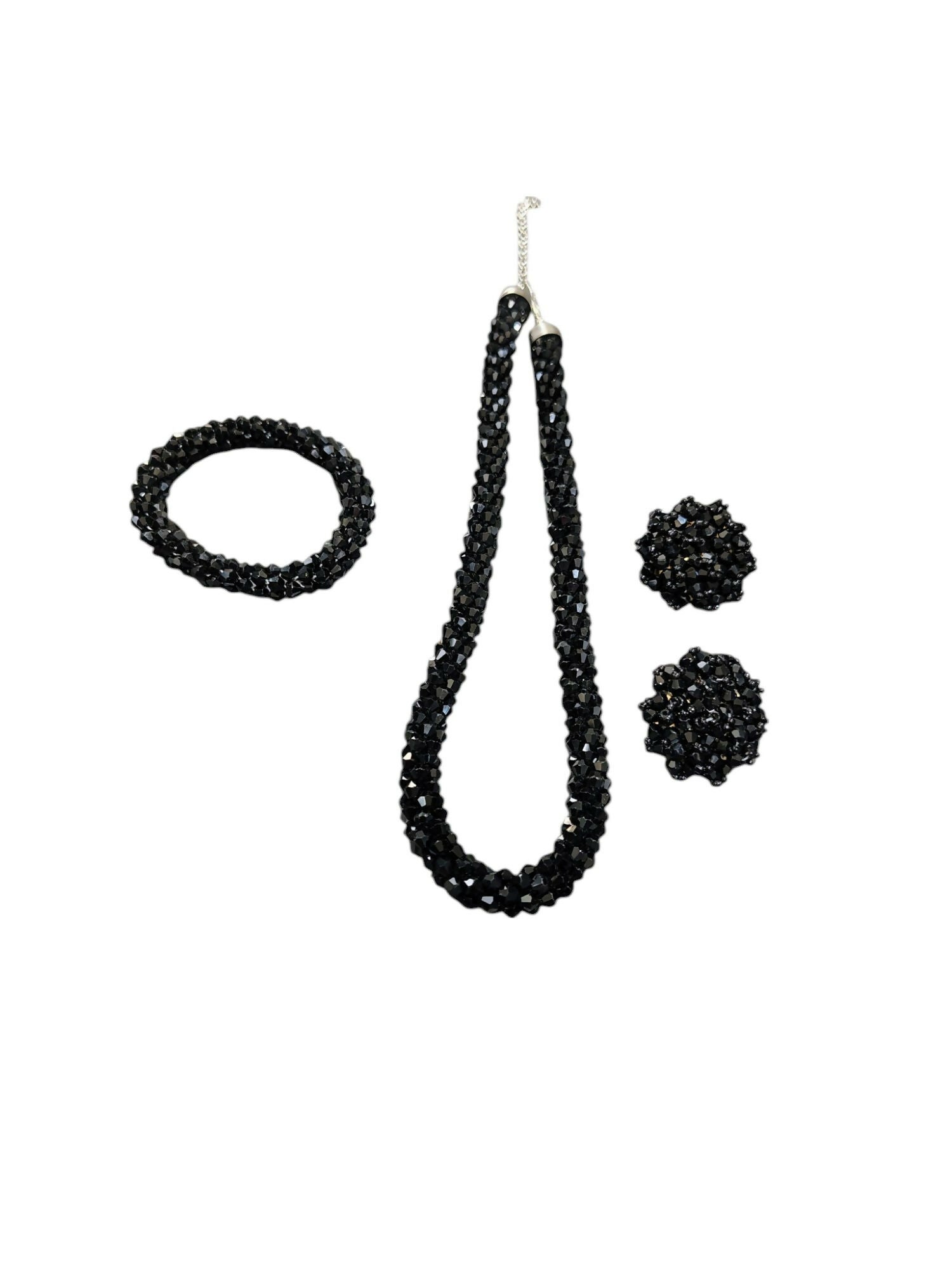 Inhanns Complete Look Crystal Statement 3-Piece Set (Adjustable Necklace + Earrings + Adjustable Bangle ) - Black - Distacart