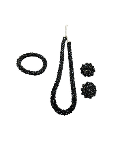 Inhanns Complete Look Crystal Statement 3-Piece Set (Adjustable Necklace + Earrings + Adjustable Bangle ) - Black - Distacart