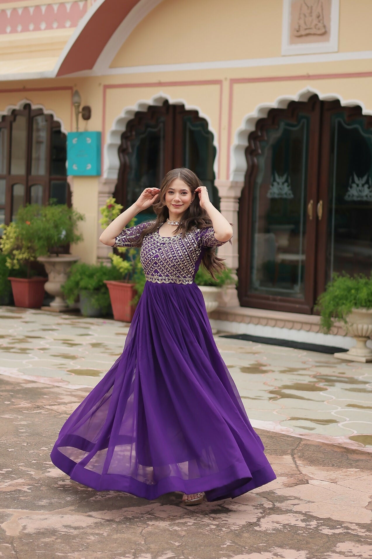 Joban Fashion Purple Georgette Sequence Embroidery Work Gown