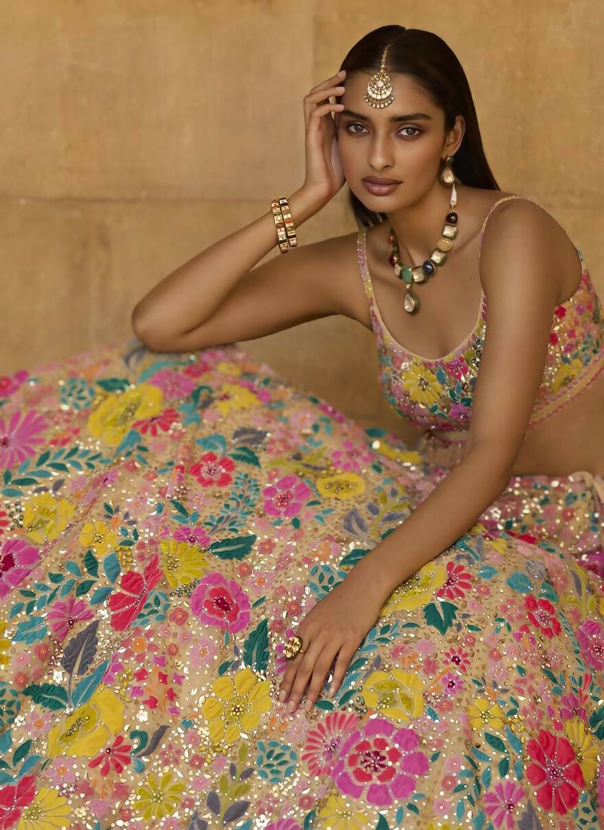 Jyoti Fashion Multicolor Thread & 5mm Sequence Embroidery Georgette Lehenga Choli with Dupatta - Distacart
