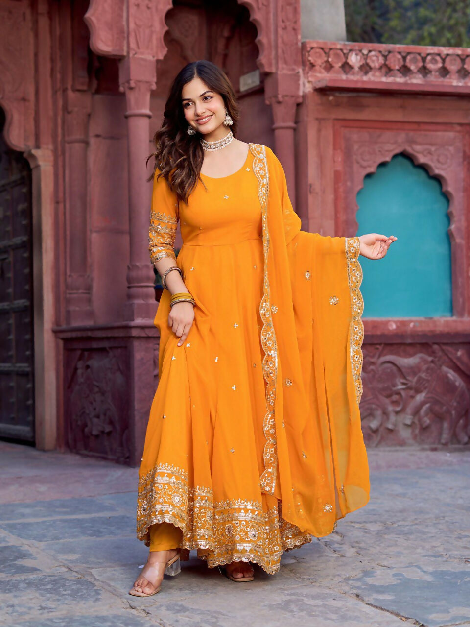 The52 Women's Beautiful Faux Georgette Fabric Embroidery Work Flared Anarkali Pant and Dupatta Set - Distacart