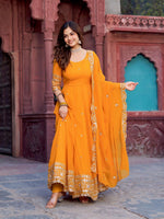 Thumbnail for The52 Women's Beautiful Faux Georgette Fabric Embroidery Work Flared Anarkali Pant and Dupatta Set - Distacart