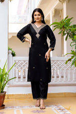 Thumbnail for The52 Black Women's Beautiful Viscose Chanderi Fabric Embroidered Work Straight Kurta Pant and Dupatta Set - Distacart
