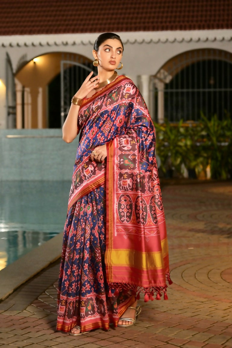 Vishnu Weaves Women's Royal Banarasi Silk Patola Printed Saree with Blouse