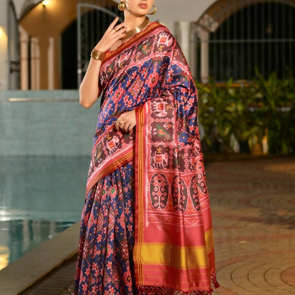 Vishnu Weaves Women's Royal Banarasi Silk Patola Printed Saree with Blouse