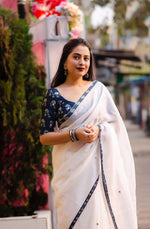 Thumbnail for White Pure Linen Ethnic Motifs Saree with Unstitched Blouse - Hiral Fashion - Distacart