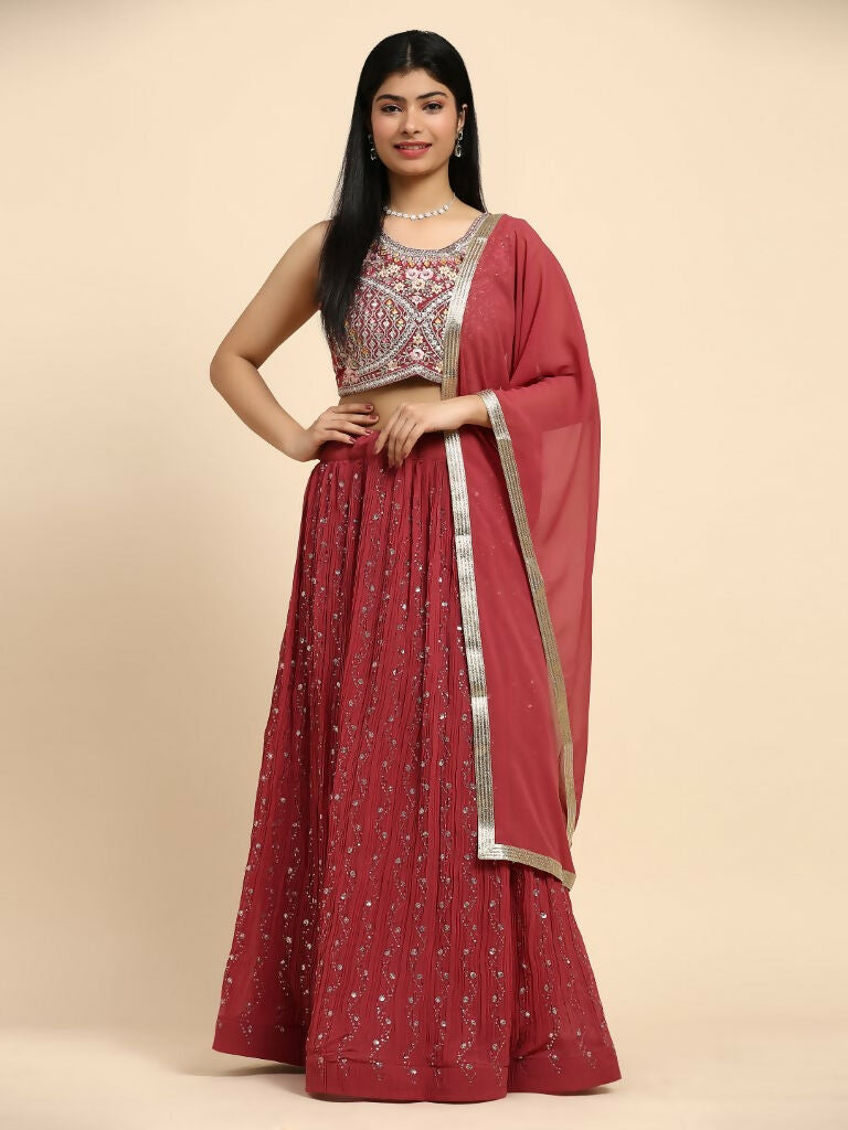 Red Georgette Embroidered Lehenga choli with Dupatta - Dhara - Distacart